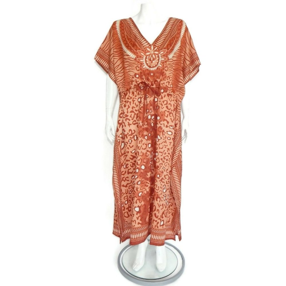 Laddi Beautiful Indian Desert Red Southwestern Muumuu Kaftan Maxi Dress OS - 168